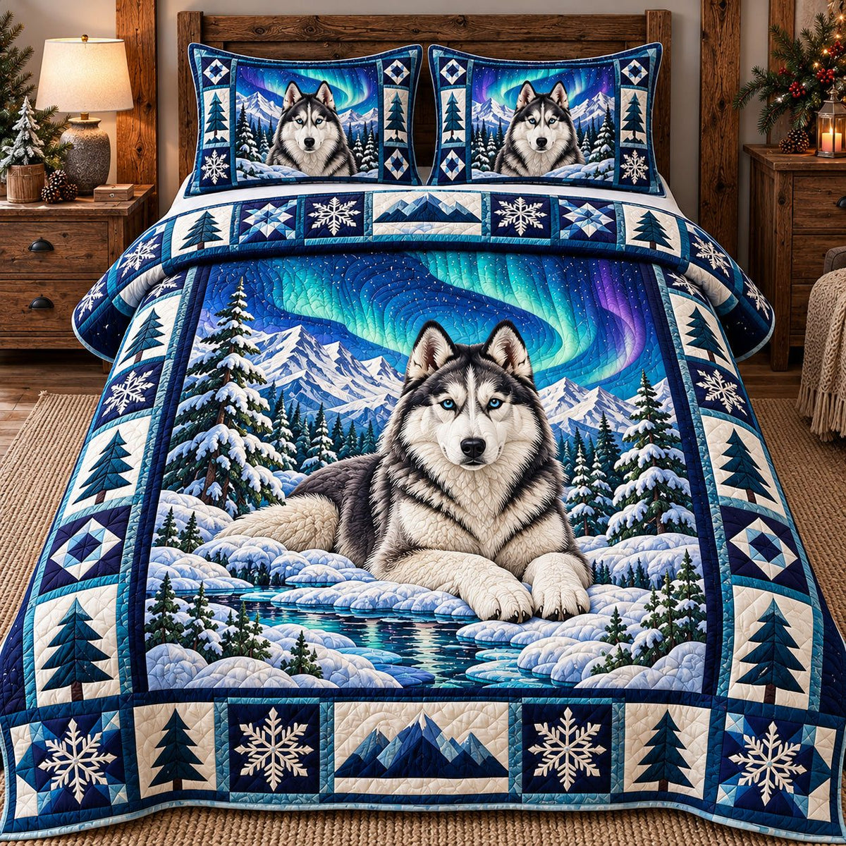 Northern Lights Husky quilted 3-piece bedding set on a made bed with two matching pillow shams