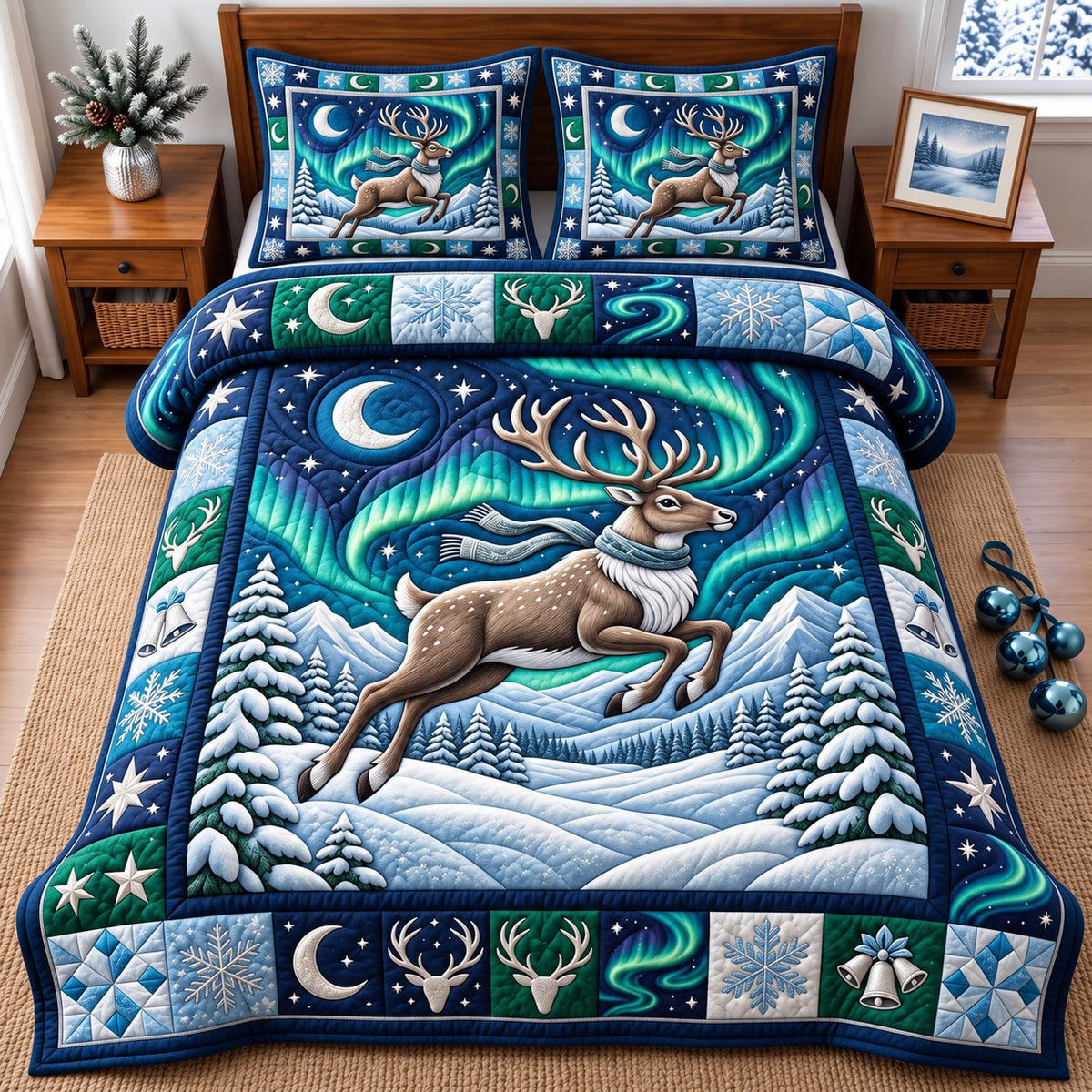 Northern Lights Leaping Reindeer quilted 3-piece bedding set on a made bed in a winter-styled bedroom