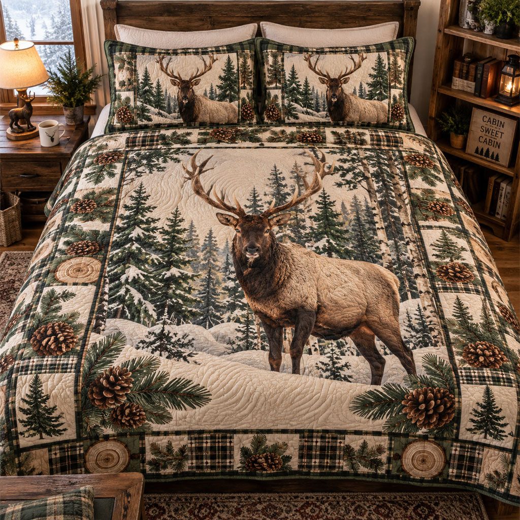 Northern Tundra Retreat quilted 3-piece bedding set on a made bed with two matching pillow shams