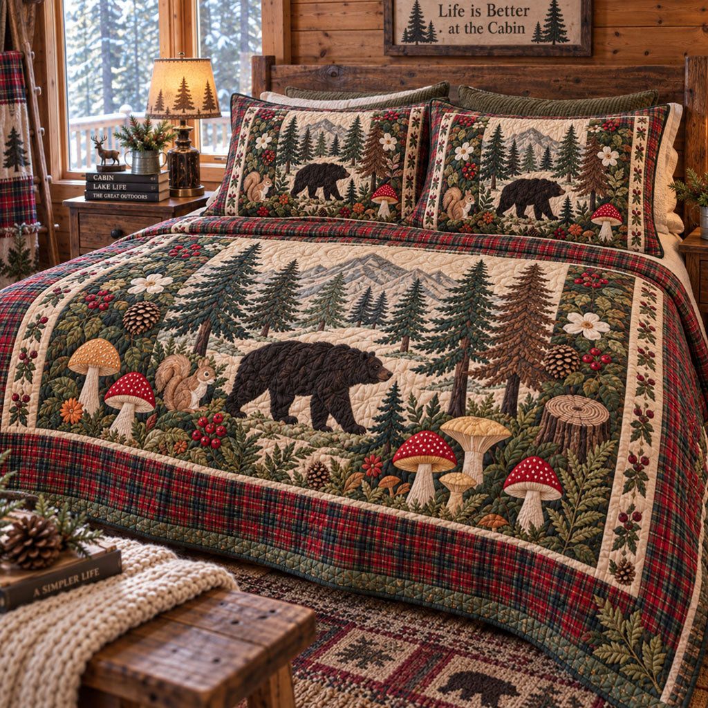 Northwoods Bear Den quilted 3-piece bedding set on a made bed with two matching pillow shams