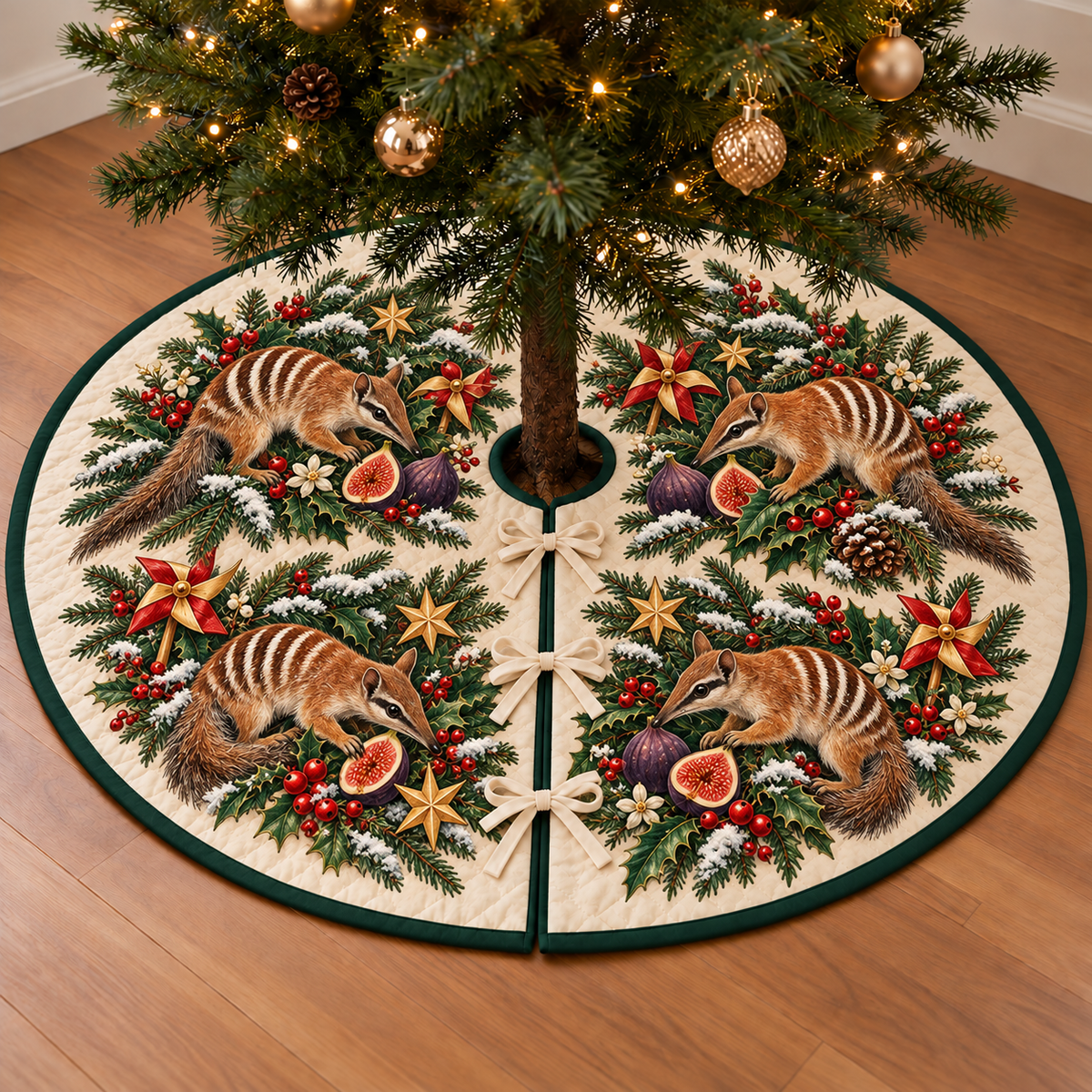 Numbat Fig Toy Pinwheel printed Christmas circular tree skirt; design mockup showing a flat printed depth effect.