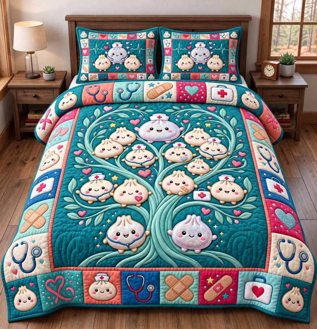 Nurse Care Tree Dumplings quilted 3-piece bedding set on a made bed in a warmly lit bedroom