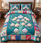 Nurse Care Tree Dumplings quilted 3-piece bedding set on a made bed in a warmly lit bedroom