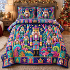 Nutcracker Candy Wonderland quilted 3-piece bedding set on a made bed in a winter-styled bedroom