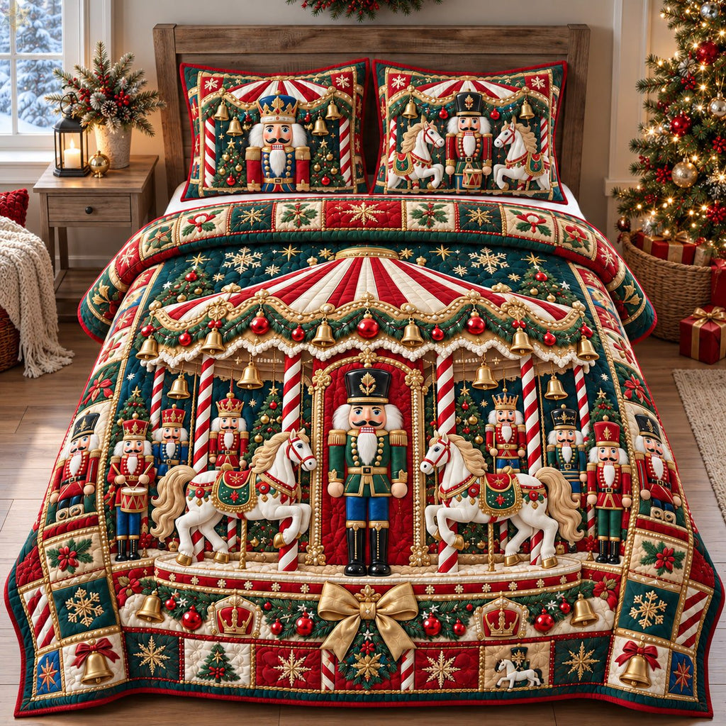 Nutcracker Christmas Carousel quilted 3-piece bedding set on a made bed in a winter-styled bedroom