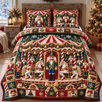 Nutcracker Christmas Carousel quilted 3-piece bedding set on a made bed in a winter-styled bedroom