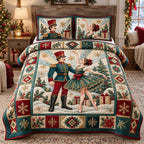 Nutcracker Christmas Dance quilted 3-piece bedding set on a made bed in a winter-styled bedroom