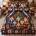 Nutcracker Christmas Kingdom quilted 3-piece bedding set on a made bed in a winter-styled bedroom