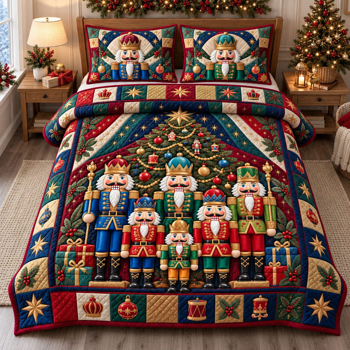 Nutcracker Christmas Kingdom quilted 3-piece bedding set on a made bed in a winter-styled bedroom