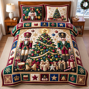 Nutcracker Christmas Tree 3-Piece Quilted Bedding Set