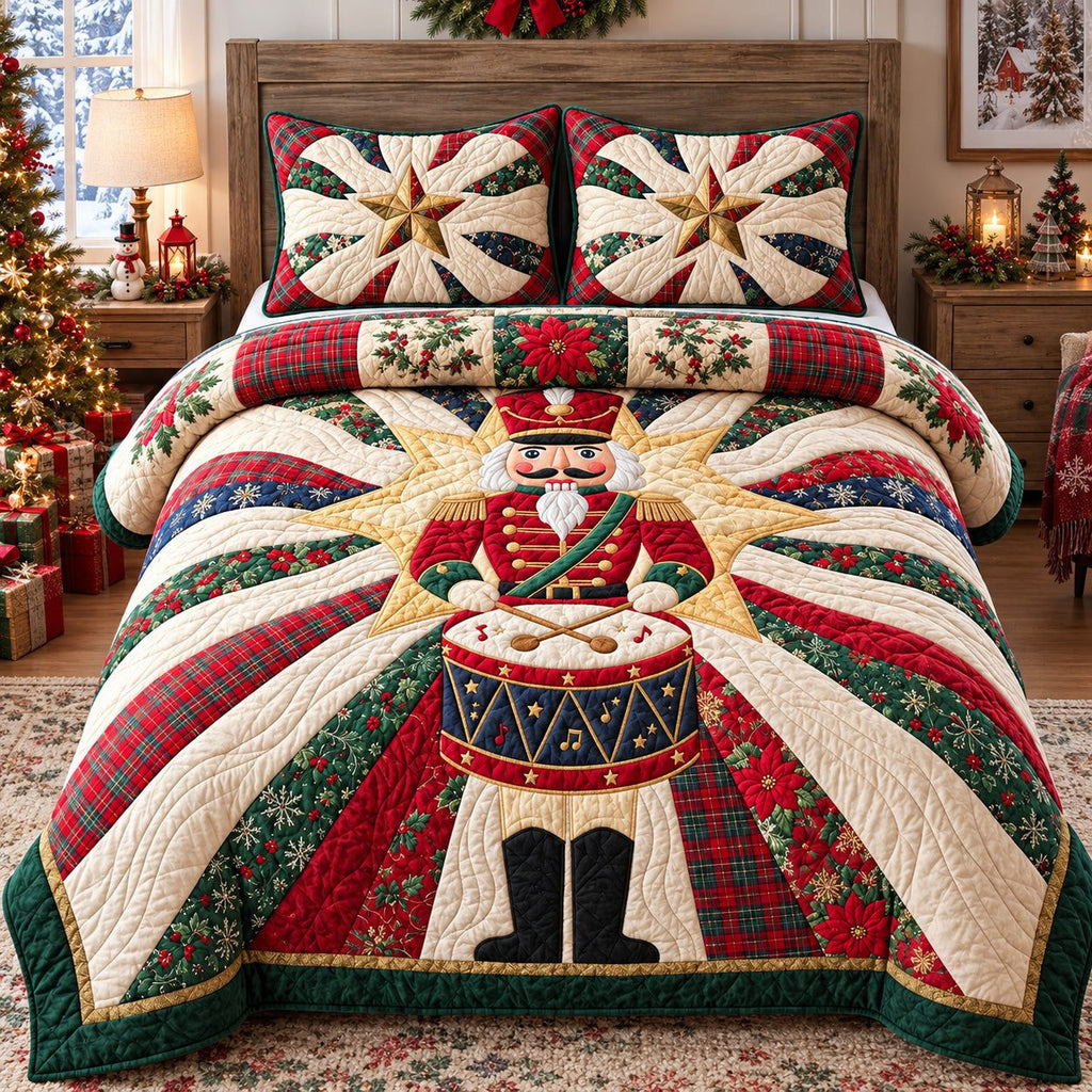 Nutcracker Drummer quilted 3-piece bedding set on a made bed in a winter-styled bedroom