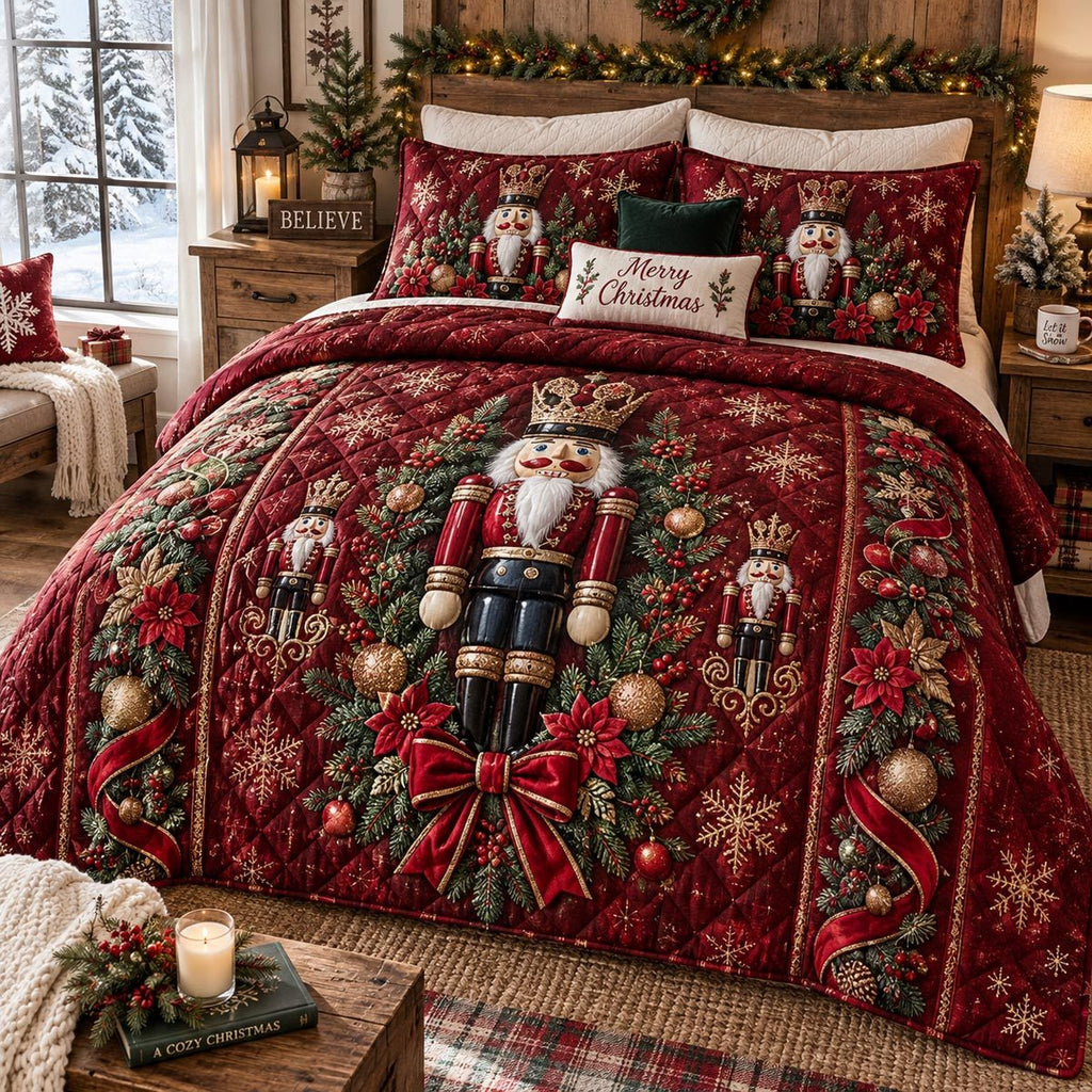 Nutcracker Holiday Parade quilted 3-piece bedding set on a made bed in a winter-styled bedroom