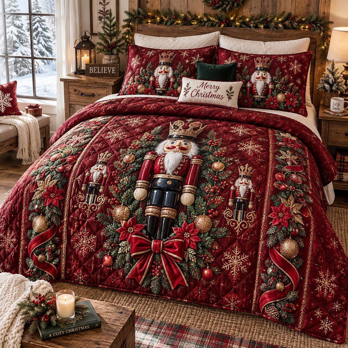 Nutcracker Holiday Parade quilted 3-piece bedding set on a made bed in a winter-styled bedroom