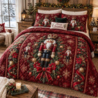 Nutcracker Holiday Parade quilted 3-piece bedding set on a made bed in a winter-styled bedroom