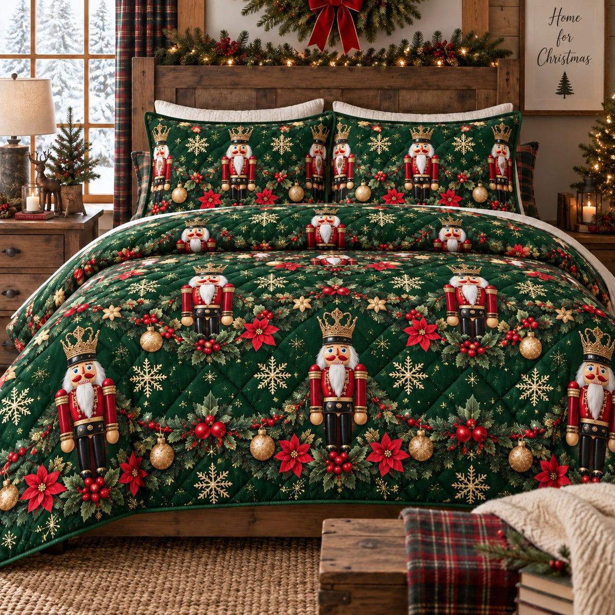 Nutcracker Poinsettia Garden quilted 3-piece bedding set on a made bed in a winter-styled bedroom