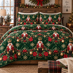Nutcracker Poinsettia Garden quilted 3-piece bedding set on a made bed in a winter-styled bedroom