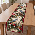 Nuthatch Cranberry Toy Snow Globe printed Christmas quilted table runner; design mockup showing a flat printed depth effect.