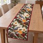 Nuthatch Orange Toy Horn printed Christmas quilted table runner; design mockup showing a flat printed depth effect.