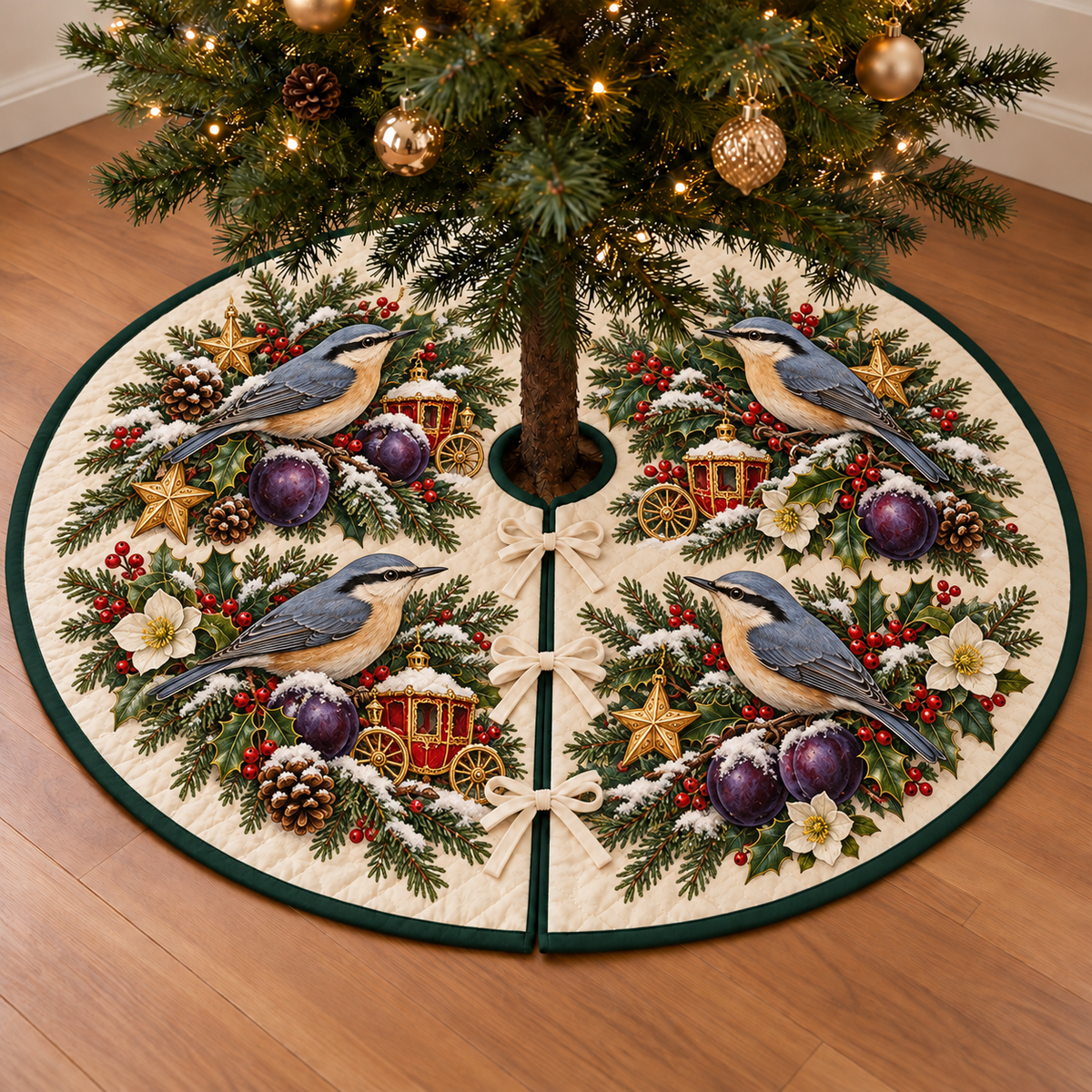Nuthatch Plum Toy Carriage printed Christmas circular tree skirt; design mockup showing a flat printed depth effect.