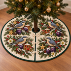 Nuthatch Plum Toy Carriage printed Christmas circular tree skirt; design mockup showing a flat printed depth effect.
