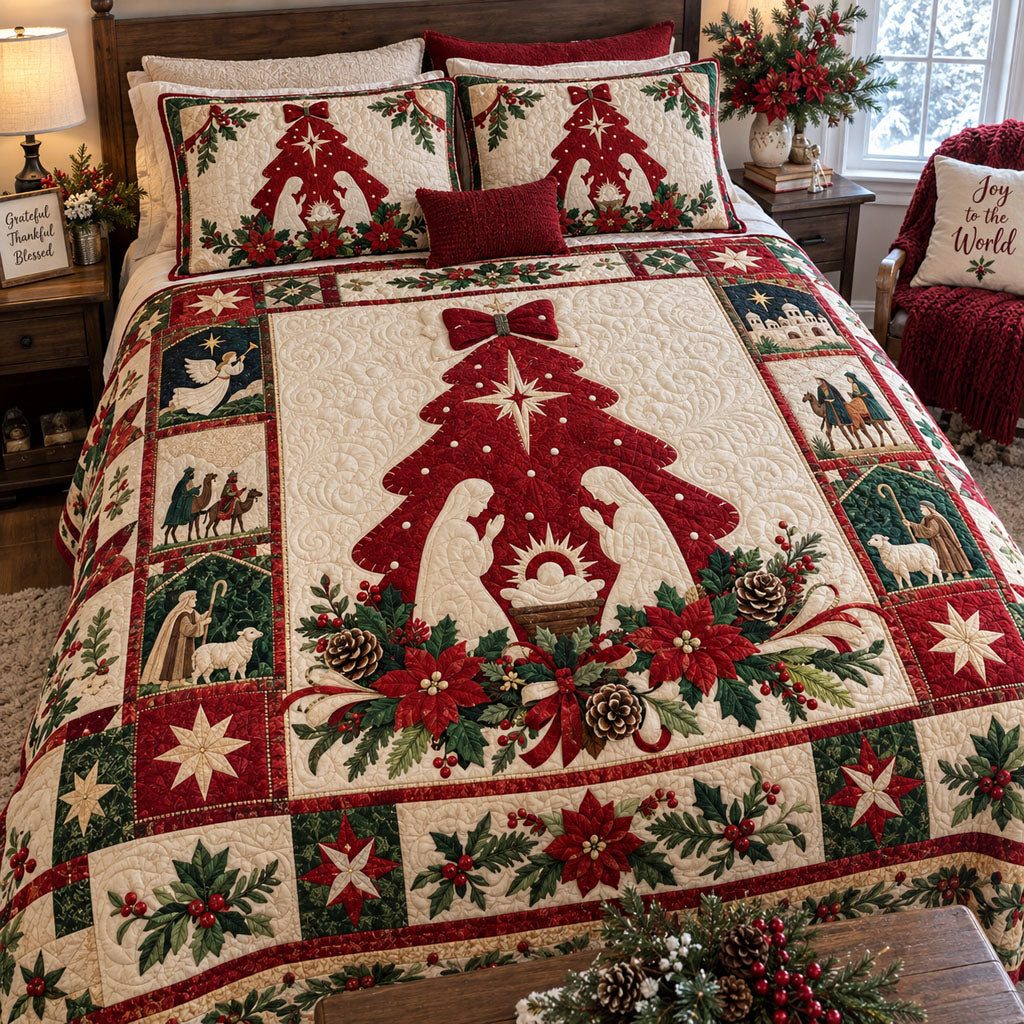 O Holy Night quilted 3-piece bedding set on a made bed in a softly lit bedroom