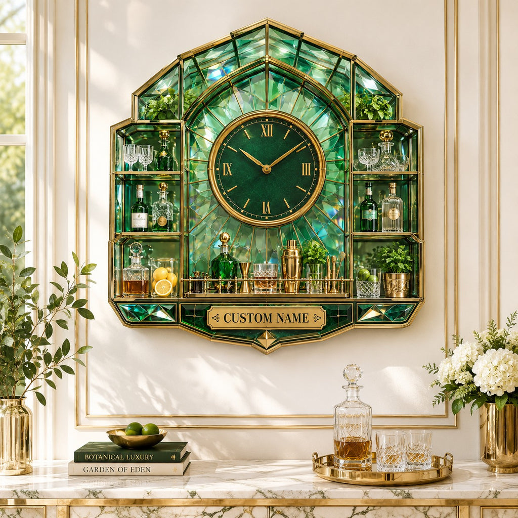 Personalized botanical bar wall clock — personalized with a custom name