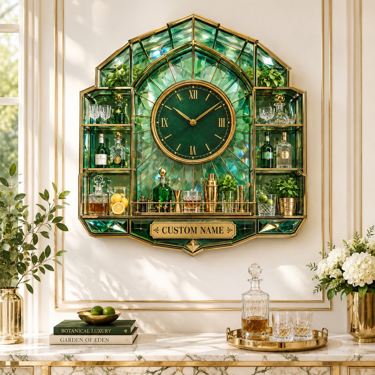 Personalized botanical bar wall clock — personalized with a custom name