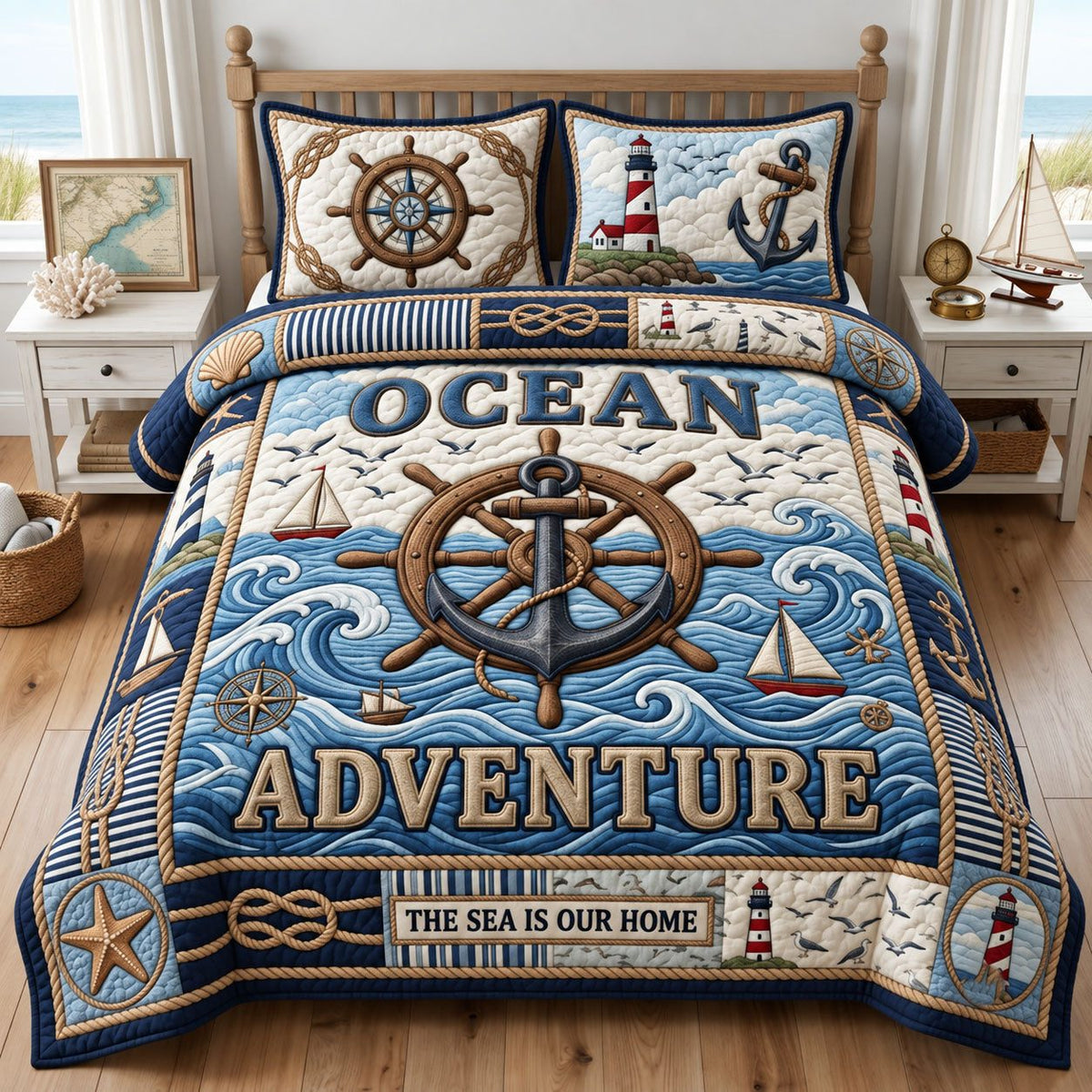 Ocean Adventure quilted 3-piece bedding set on a made bed in a winter-styled bedroom