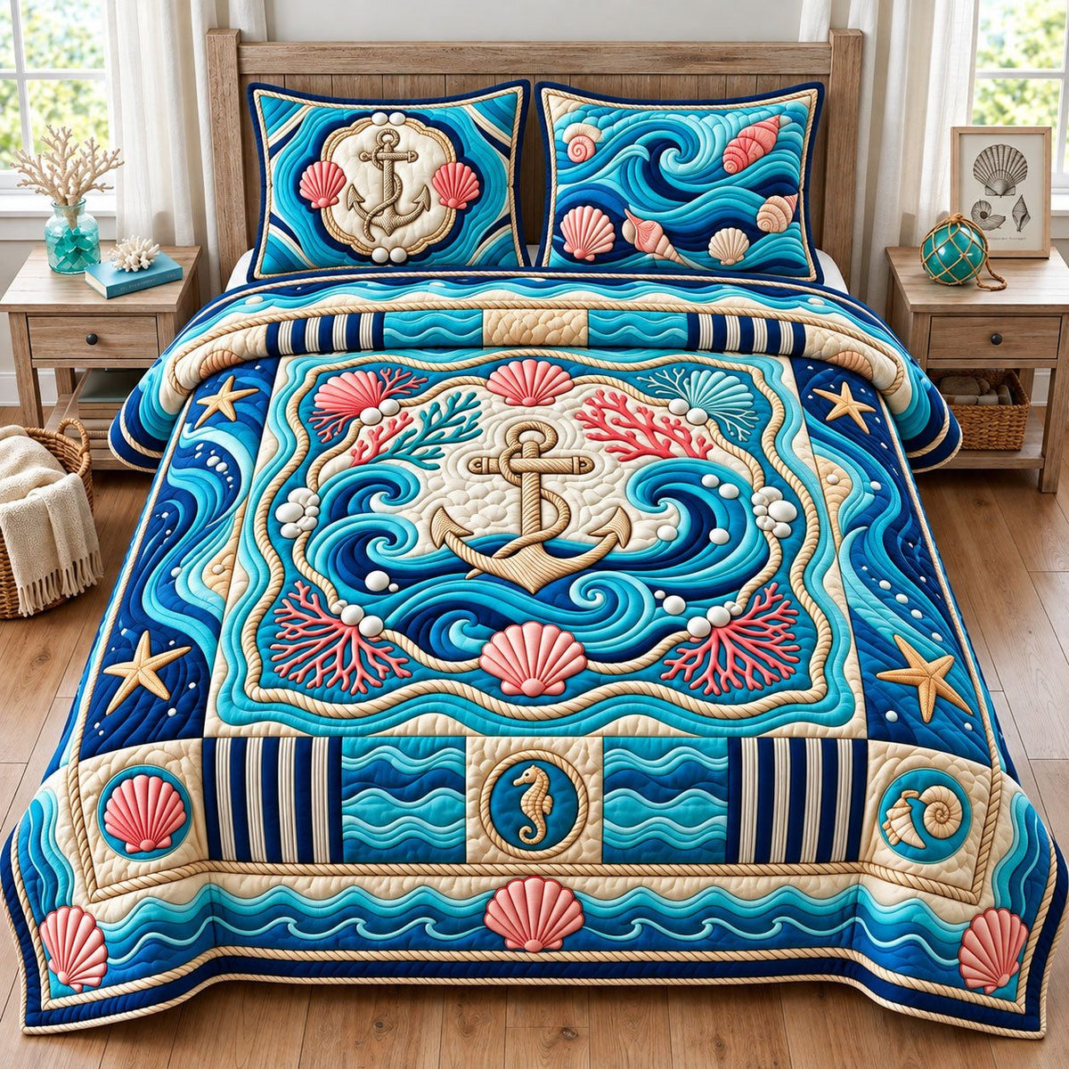 Ocean Anchor quilted 3-piece bedding set on a made bed in a light coastal bedroom