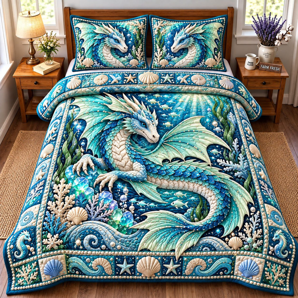 Ocean Dragon quilted 3-piece bedding set on a made bed in a light coastal bedroom