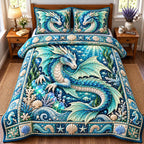 Ocean Dragon quilted 3-piece bedding set on a made bed in a light coastal bedroom
