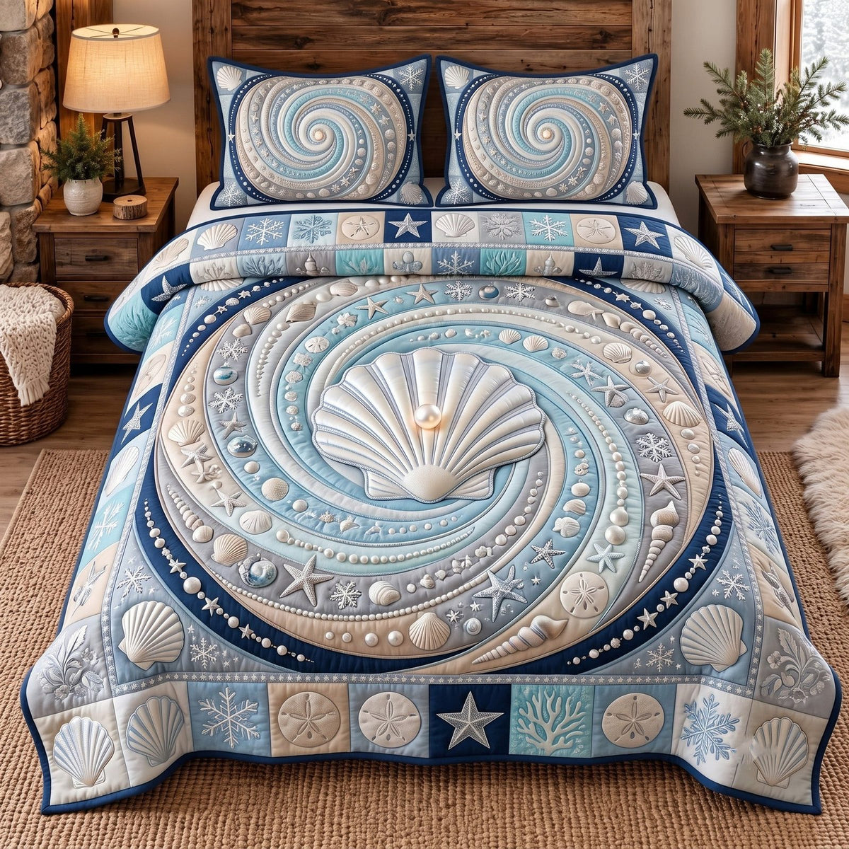 Ocean Pearl Shell quilted 3-piece bedding set on a made bed in a light coastal bedroom