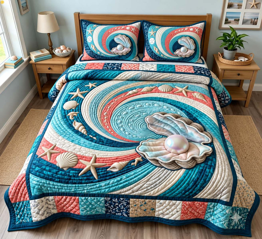 Ocean Pearl Swirl quilted 3-piece bedding set on a made bed in a light coastal bedroom