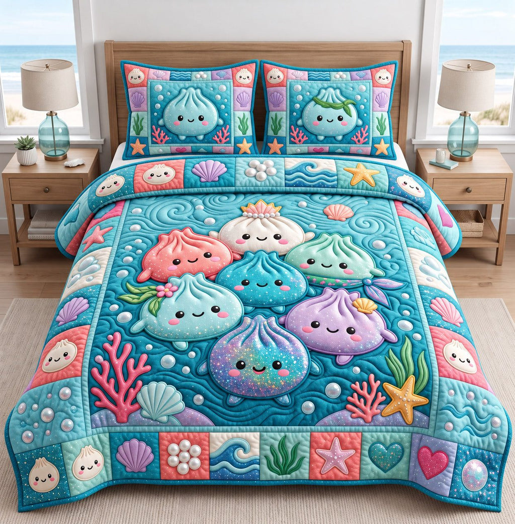 Ocean Reef Dumplings quilted 3-piece bedding set on a made bed in a light coastal bedroom