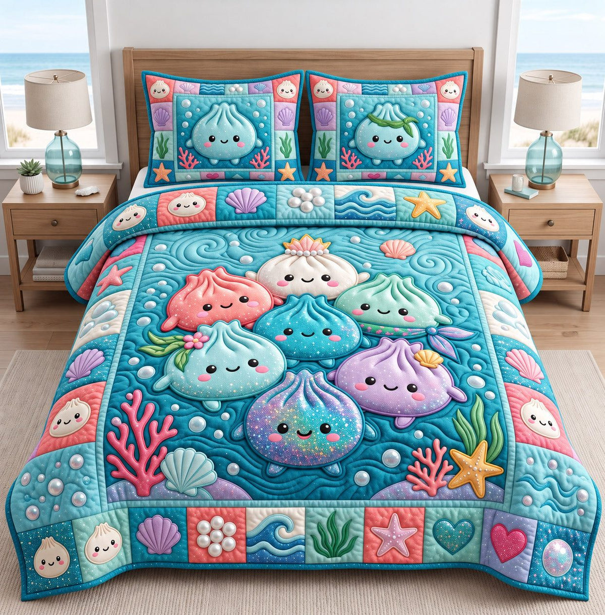 Ocean Reef Dumplings quilted 3-piece bedding set on a made bed in a light coastal bedroom