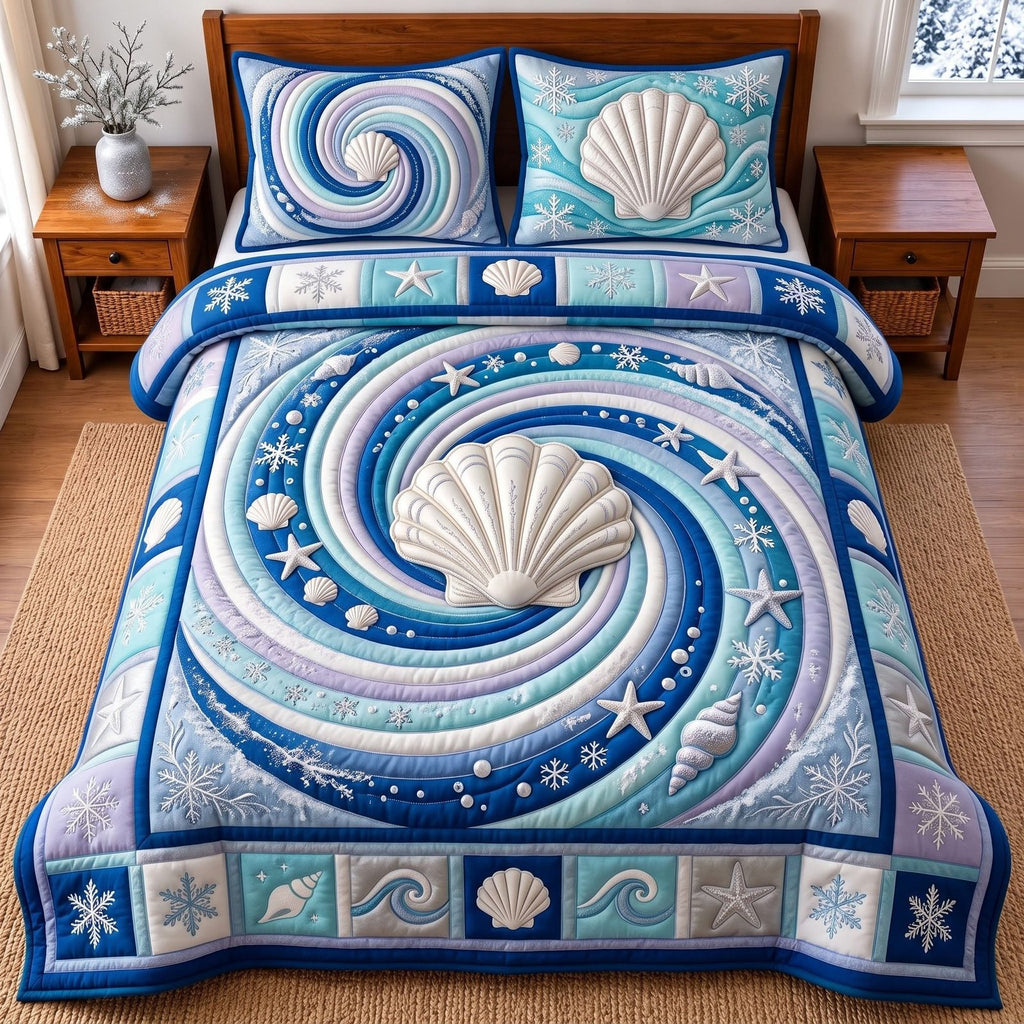 Ocean Spiral quilted 3-piece bedding set on a made bed in a light coastal bedroom