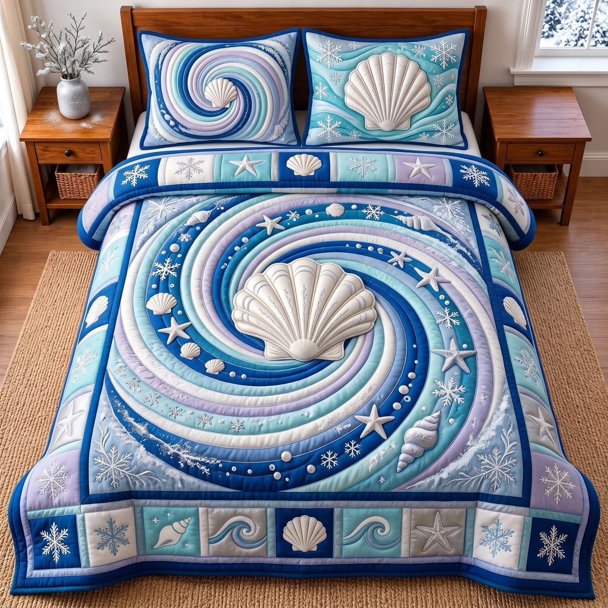 Ocean Spiral quilted 3-piece bedding set on a made bed in a light coastal bedroom