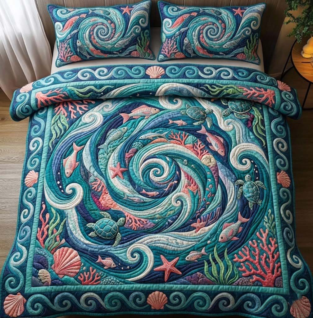 Ocean Swirl quilted 3-piece bedding set on a made bed in a light coastal bedroom