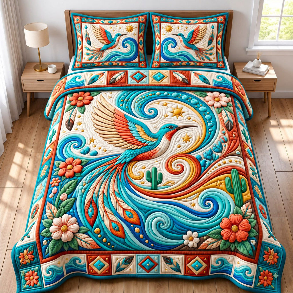 Ocean Swirl Sacred Bird quilted 3-piece bedding set on a made bed in a softly lit bedroom