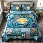 Ocean Tide Wave Sun quilted 3-piece bedding set on a made bed in a light coastal bedroom