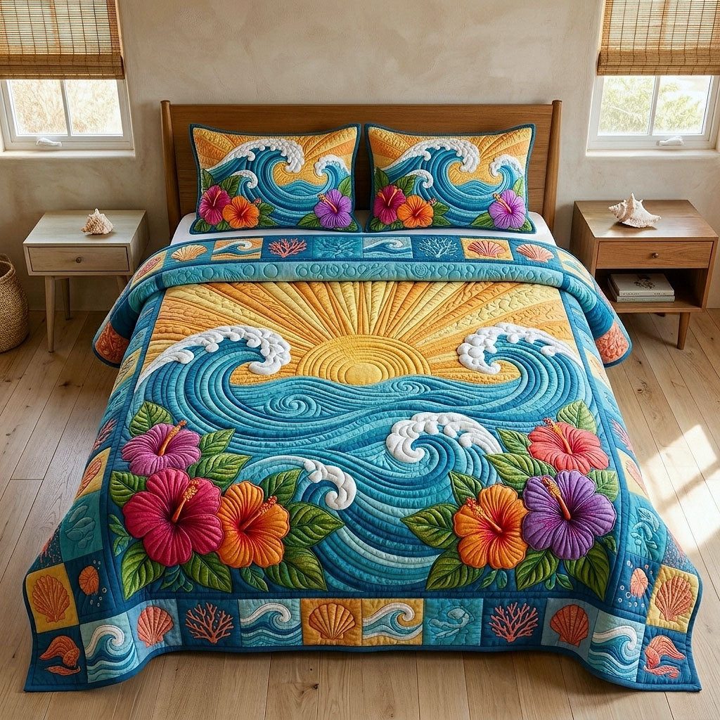 Ocean Tropic Hibiscus Wave quilted 3-piece bedding set on a made bed in a light coastal bedroom