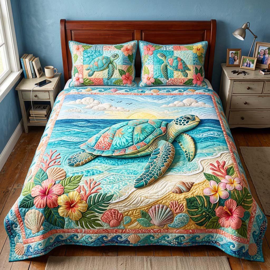 Ocean Turtle Flowers Beach quilted 3-piece bedding set on a made bed in a light coastal bedroom