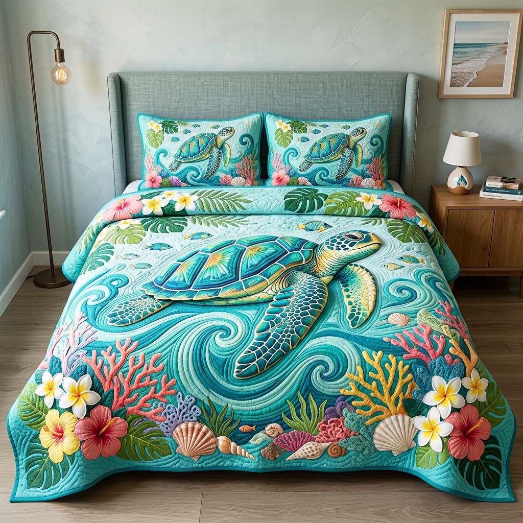 Ocean Turtle Hibiscus quilted 3-piece bedding set on a made bed in a light coastal bedroom