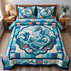 Ocean Wave Blue Dragon quilted 3-piece bedding set on a made bed in a light coastal bedroom