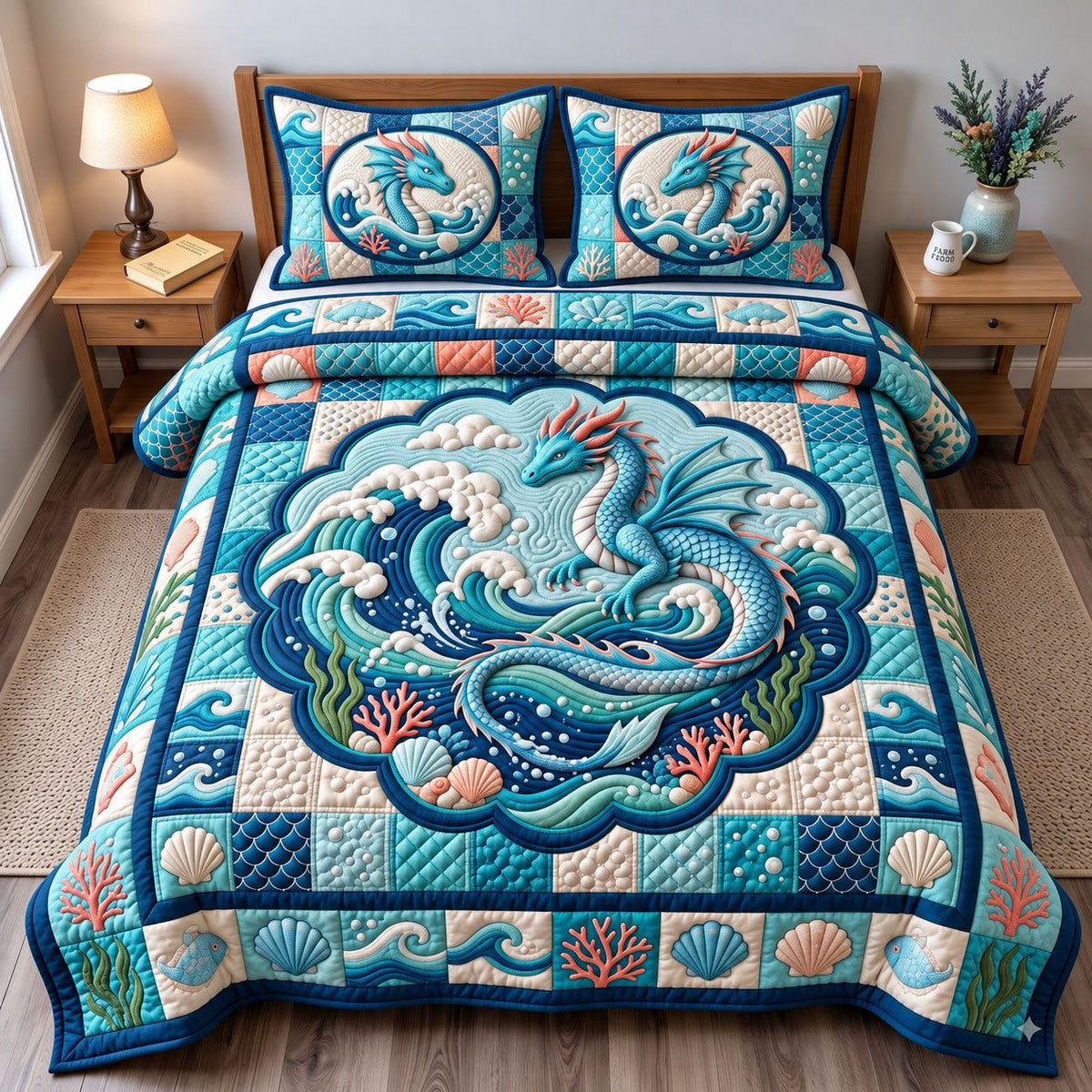 Ocean Wave Blue Dragon quilted 3-piece bedding set on a made bed in a light coastal bedroom