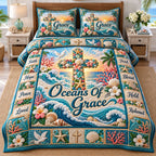 Oceans Of Grace Cross quilted 3-piece bedding set on a made bed in a softly lit bedroom