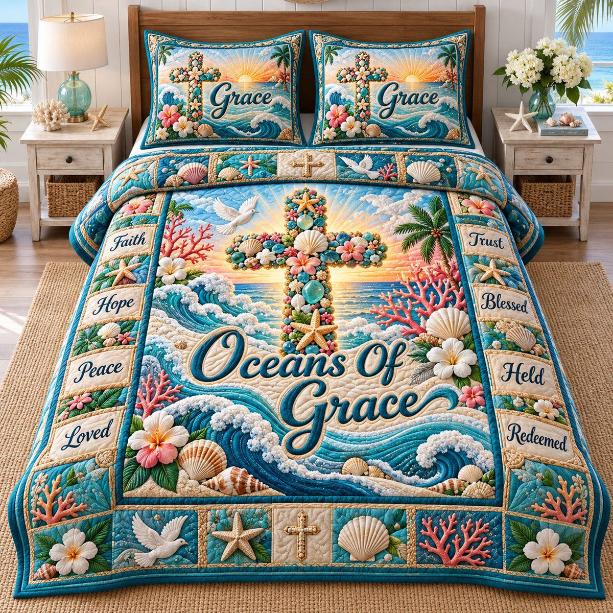 Oceans Of Grace Cross quilted 3-piece bedding set on a made bed in a softly lit bedroom