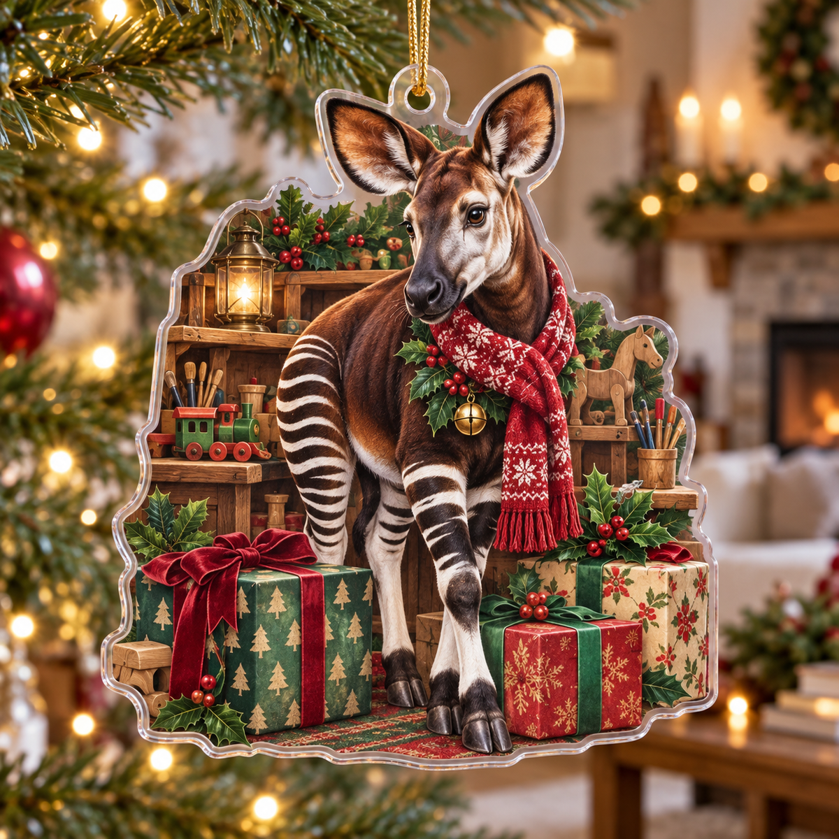 Okapi Acrylic Christmas Ornament — digital product visualization