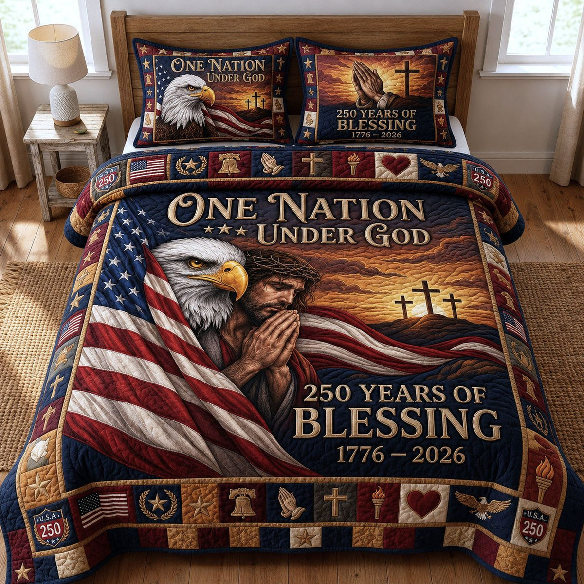 One Nation Under God Eagle quilted 3-piece bedding set on a made bed in a warmly lit bedroom