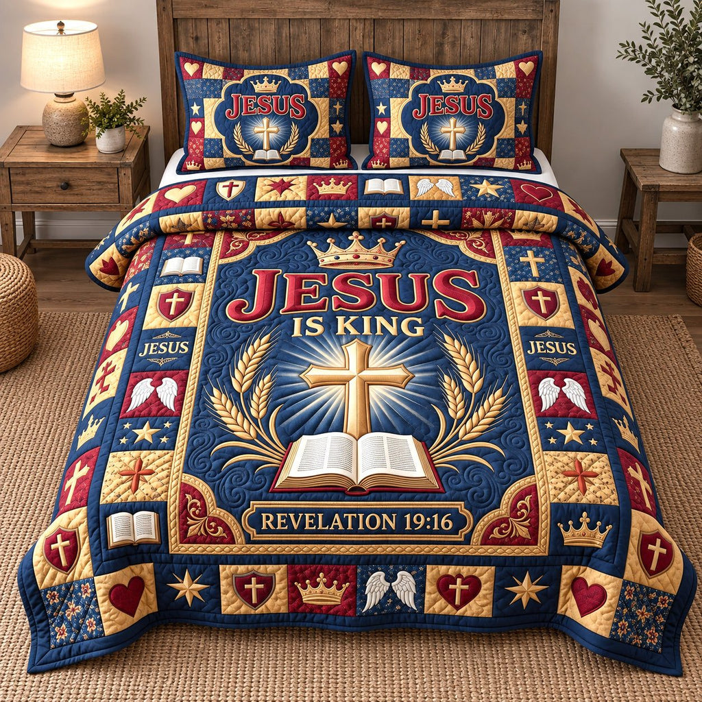Open Bible Jesus Is King Revelation quilted 3-piece bedding set on a made bed in a softly lit bedroom
